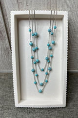 Layered Turquoise Bead Necklace w/ Silver Chain Adjustable Length Women Fashion Photo 0