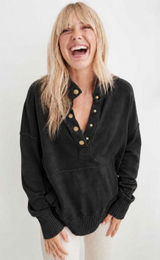 Aerie M Oh Snap Weekend Henley Mockneck Sweatshirt Oversized Relaxed Fit Black Photo 0
