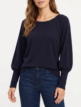 LOFT Womens XL Navy Blue Bishop Sleeve Ribbed Cuff Boat Neck Knit Blouse Top Photo 0