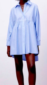 ZARA Blue Cotton Striped Long Sleeved Mini Shirt Dress S Photo 0