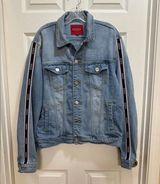 Guess Women’s Size Large Boyfriend Denim Jean Jacket With Logo Stripe Sleeves Photo 0
