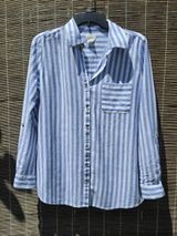 Nicole Miller Blue and White Striped Linem Blend Button-Up Shirt Small Photo 0
