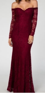 Maniju Burgundy Lace Floral Long Sleeve Off Shoulder Sweetheart‎ Maxi Dress Photo 0
