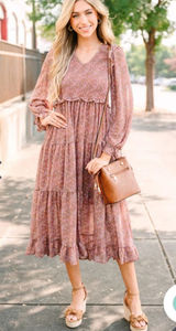 &merci Long Sleeve Floral Tiered Midi Dress in Dusty Rose Photo 0