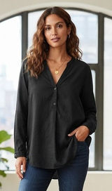 Old Navy Tunic Top Women XXL Black Henley V-Neck Long Sleeve Casual Blouse Photo 0