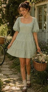 NIA Silvana Green White‎ Gingham Babydoll Dress Tiered Mini Summer Puff Medium Photo 0