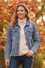 Womens NWOT Distressed Raw Hem Denim Jacket Medium Wash Blue Jean Trucker XL Photo 0