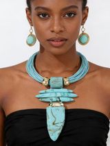 3Pc Boho Western Cowgirl Jewelry Set Horn Pendant Necklace & Matching Earrings Photo 0