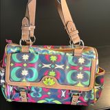 Lily Bloom Multicolor Satchel Handbag‎ Geometric Floral Coated Canvas Brown Trim Photo 0