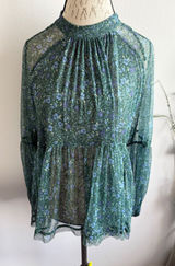 Free People Floral Sheer Mock Neck Peplum‎ Blouse Green Blue Size Medium Photo 0