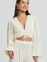 ShowPo Ivory Satin Jondra Ruched Front Long Sleeve Plisse Blouse NWT 4 Photo 0