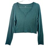 American Eagle Waffle Knit Thermal Top Cropped Notch Neck Teal Green XL Soft Y2K Photo 0