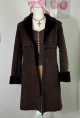 Vintage 90s Cache Brown Suede Penny‎ Lane Fur Trim Coat Old Money Womens Small Photo 0