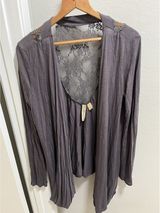 Y2K Eyeshadow Long Gray Lace Trim Open Front Cardigan Sz M Photo 0
