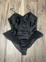 Vintage 90s Victorias Secret Black Satin Chiffon Ruffle Teddy Bodysuit Medium Photo 0