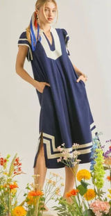 Umgee Linen Cotton Contrast Neckline Midi Dress Photo 0