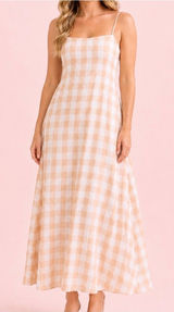 NEW Altar’d State Tan and White Gingham Maxi Dress Size Medium Available Photo 0