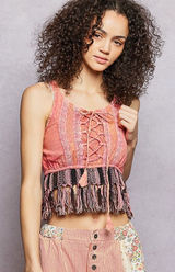 POL Lace-Up Fringe Hem Tank with Lace Detail - Pink - Large Photo 0