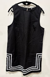 Linen Cotton Blend Sleeveless Black Mini Shift Dress with White Geometric Hem M Photo 0
