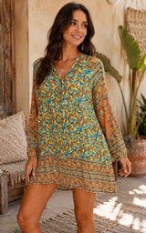 Bohemian Floral V-Neck Dress in Turquoise & Orange Photo 0