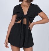 Princess Polly Pure Rhythm Playsuit Black Size 8 NWOT. Open front, tie under bust, open torso. Loose fit shorts, stretchy waist. 13” rise 17-18” bust Photo 0