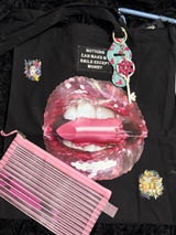 Pink lips black handmade‎ tote bag Photo 0
