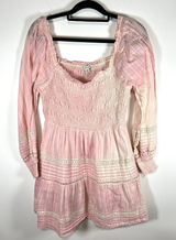 American Eagle Womens Pink Tie Dye Smocked Ruffle Cotton Long Sleeve Dress L Photo 0