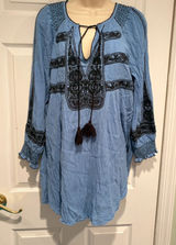 Free People Blue Embroidered Tunic Top‎ S Boho Peasant Tassel Mini Dress Blouse Photo 0