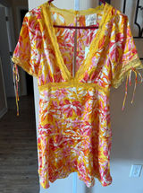 Umgee Yellow Pink Floral Lace Trim V-Neck Mini Dress New With Tags Photo 0