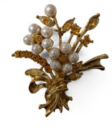 Vintage Gold Tone Floral Bouquet Brooch Faux Pearl Amber Rhinestone Pin Photo 0