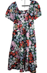 Old Navy Blue Floral Puff Sleeve Smocked Back Midi Dress Pockets Medium Cottage Photo 0