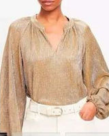 Loft Blouse Size S Gold Pleated Metallic V-Neck Balloon Sleeve Shimmer NYE Photo 0