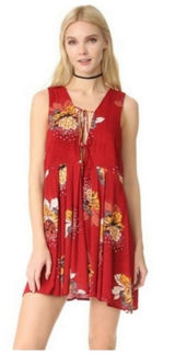 Free People Lovely Day Floral Printed Red Boho Tunic Mini Dress Medium Flowy Photo 0