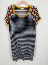 Umgee Striped T-Shirt Dress M Navy Blue White Yellow Mixed Stripe Raglan Mini Photo 0