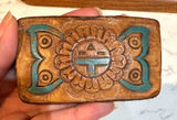 vintage Zuni-style, hand-tooled leather belt buckle Southwestern Sun Face design Photo 0