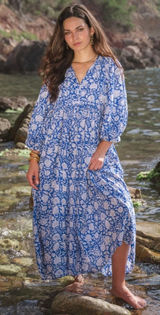 House of Sundar Maya Midi Dress 3XL Blue Iris Block Print Cotton Cottagecore Photo 0