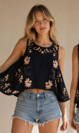 Free People Embroidered Swing Tank Top Women XS Navy Blue Floral Open Back Boho Photo 0