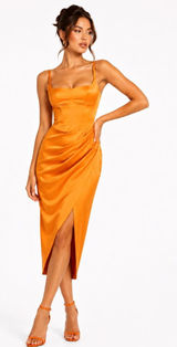 House of CB - Bianca Tangerine Satin Corset Midi Dress Photo 0