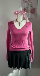 Abercrombie & Fitch Vtg Y2K‎ Pink Green Moose Logo V Knit Sweater Womens Small Photo 0