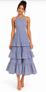 Just Me Blue Striped Tiered Ruffle Halter Midi Dress Photo 0