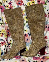 Crown & Ivy Azalea Cheetah Sz6 Knee High Fabric Pointy Toe Side Zip Boots Photo 0