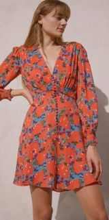 Saloni Eve Mini Dress Tangerine Sweetpeas‎ Chiffon Viscose Smock V Neck Size 0 Photo 0
