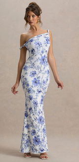 Club l London LITA Blue Floral Twisted Asymmetric Maxi Dress size 4 Photo 0