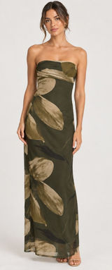 New Windsor Strapless Floral Mesh Maxi Dress Olive Black Size XS Photo 0