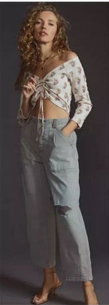 Anthropologie Sabrina Cinched‎ Crop Top Shirt neutral floral color Small Boho Photo 0