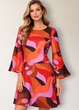 Donna‎ Morgan 16 Red Abstract A Line Bell Sleeve Dress Homecoming Wedding Guest Photo 0