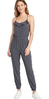 🔥 Abercrombie & Fitch Dark Gray Ruffle Trim Sleeveless Jumpsuit Size Medium Photo 0