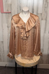 SHEIN Champagne Gold Satin Ruffle Blouse Womens Size Large L Long Balloon Sleeve Photo 0