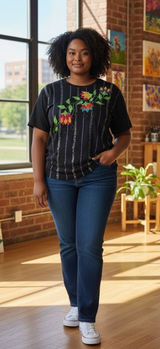Eminent‎ Womens Black Floral Sequin 1/2 Sleeve Blouse Top Size M Photo 0