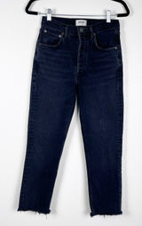 Agolde Riley‎ Crop High Rise Straight Leg Jeans Washed Black Raw Hem 26 Photo 0